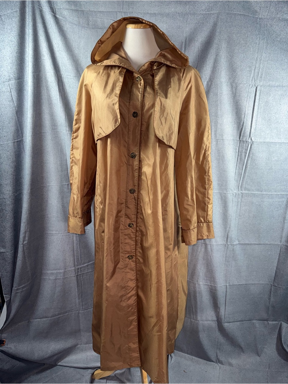 2407-Vintage totes Hooded Rain Duster Long Trench Coat in Light Brown